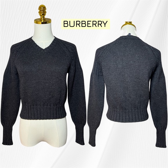 Burberry London Italy Merino Wool Gray V Neck Knit Sweater Women's Medium - Picture 1 of 13